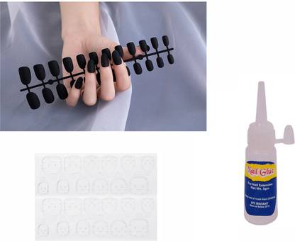 TBUY 24 Pcs Black Matte Finish Oval False nails with glue & jelly glue sticker Black