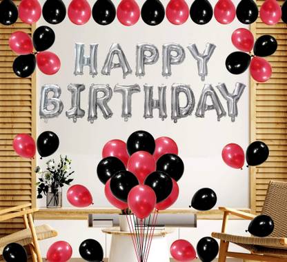 Agk Happy Birthday Decoration Set of 63 pcs includes Happy birthday Letter Foil Balloons - Silver + 50 Pcs Metallic Balloons (Red & Black) for happy birthday Balloons for decoration kit, Happy Birthday Balloons Set, Birthday Combo, party decoration item. For boy, girls, husband, wife, father, mother, hubby etc