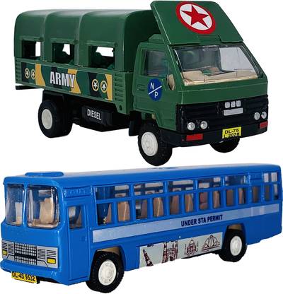 Wishmaster Set of 2 Combo Army Truck + City Bus Toys for Kids