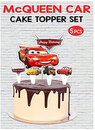 The Party Shoppy McQueen Car Theme Happy Birthday Cake Toppers Set 5Pcs for Boys,Kids Parties/1st, First Bday Decorations/Girls, Toddlers, Babies Birth Day Cake Decor Items Cake Topper