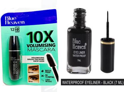 BLUE HEAVEN 10X mascara volumising mascara and eye liner water Proof Combo Set OF 2
