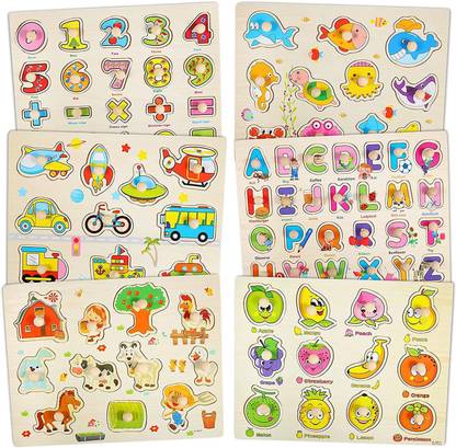 Authfort 6 Pcs Wooden Peg Puzzles for Toddlers 3 Years Old, Kids Knob Puzzles Set - Alphabet, Numbers, Fruits, Animals and Vehicles Learning Puzzles