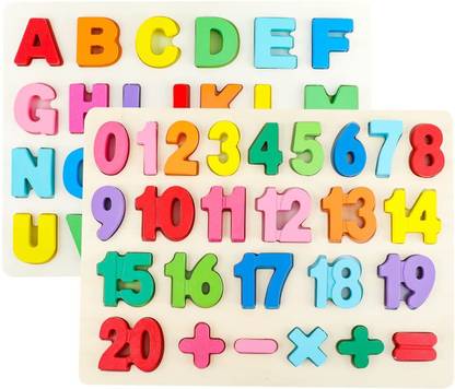 Authfort Wooden Alphabet Number Puzzles for Toddlers, 2 Pack Montessori Educational Learning Toys, ABC Puzzle Board