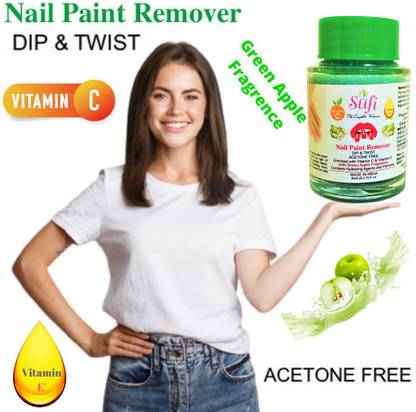 SUFI THE COMPLETE WOMAN The formula is Acetone- free, contains Vitamin E & Vitamin C and will not dry or damage your nails. PREMIUM QUALITY Dip & Twist Instant Nail Paint Remover with GREEN APPLE: - Acetone Free, Enriched with Vitamin C or Vitamin E. (PACK OF 1)