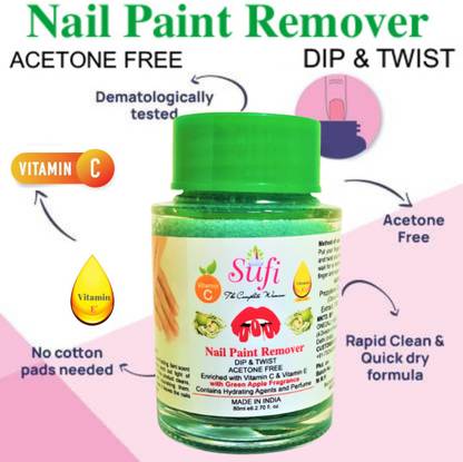 SUFI THE COMPLETE WOMAN PREMIUM QUALITY Dip & Twist Instant Nail Paint Remover with GREEN APPLE: - Acetone Free, Enriched with Vitamin C or Vitamin E.
