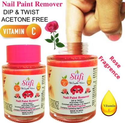 SUFI THE COMPLETE WOMAN PREMIUM QUALITY Dip & Twist Instant Nail Paint Remover with ROSE Fragrance: - Acetone Free, Enriched with Vitamin C or Vitamin E. No parabens. No sulphates. (PACK OF 2)