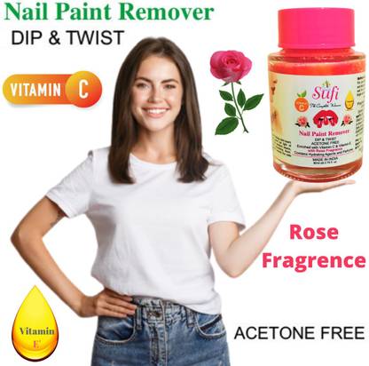 SUFI THE COMPLETE WOMAN The formula is Acetone- free, contains Vitamin E & Vitamin C and will not dry or damage your nails. PREMIUM QUALITY Dip & Twist Instant Nail Paint Remover with ROSE Fragrance: - Acetone Free, Enriched with Vitamin C or Vitamin E.