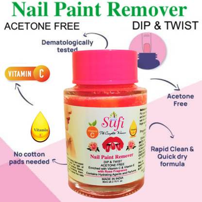 SUFI THE COMPLETE WOMAN PREMIUM QUALITY Dip & Twist Instant Nail Paint Remover with ROSE Fragrance: - Acetone Free, Enriched with Vitamin C or Vitamin E.