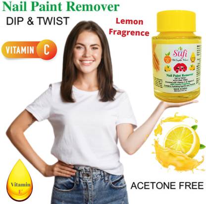 SUFI THE COMPLETE WOMAN New Advance Technology The formula is Acetone- free, contains Vitamin E & Vitamin C and will not dry or damage your nails. PREMIUM QUALITY Dip & Twist Instant Nail Paint Remover with LEMON Fragrance: - Acetone Free, Enriched with Vitamin C or Vitamin E. ( Pack of 1 ).