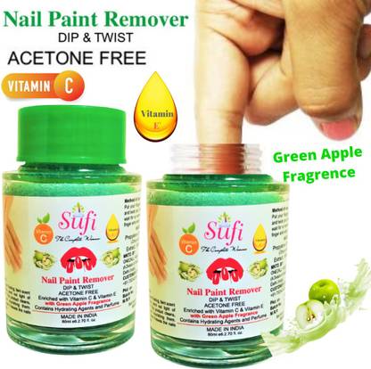 SUFI THE COMPLETE WOMAN PREMIUM QUALITY Dip & Twist Instant Nail Paint Remover with GREEN APPLE: - Acetone Free, Enriched with Vitamin C or Vitamin E. No parabens. No sulphates. (UNIT 2)