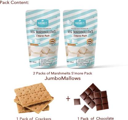 MARSHMELTS GOURMET MARSHMALLOWS Marshmelts Vegetarian S’mores Barbecue Kit (Pack of 2 Jumbo Marshmallows (175g x 2) ,1 pack of Crackers, 1 pack Slab of Chocolates and 4 nos Bamboo Skewers for roasting Marshmallow on flame. Vanilla Mist Marshmallow