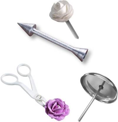 hussaini mart 1 Pc Baking Pastry Cone Holder Icing Cream Rose Flower Sticks with 1 Pc Flower Nail Cake Decorating for Icing Flowers Making Along with 1pc Plastic Scissor (Set of 3) Aluminum Quick Flower Icing Nozzle