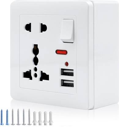 HASTHIP 2.1A 2 USB Multi Plug Socket,Switch-Control Wall Socket,with Installation Box,13A-250V Charger Power Panel Receptacle 5 Outlet Switch (White) Plastic Light Socket