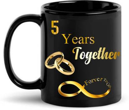 AD Gifts Happy 5th Anniversary Printed Black Coffee , 5 Year Together Forever To Go Printed Patch , Best Anniversary Gift For Husband And Wife ,Hubby Wifey, Girlfriend Boyfriend Couple Ceramic Coffee (330 ml) Ceramic Coffee Mug