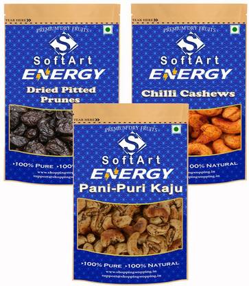 Soft Art Dry fruits combo of Prunes,Chilli Kaju,Pani Puri Kaju (250g Each) Prunes, Cashews, Cashews