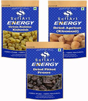 Soft Art Dry fruits combo of Green Kishmish,Apricot,Prunes (250g Each) Raisins, Apricots, Prunes