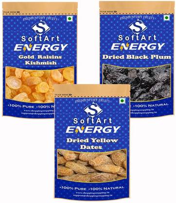 Soft Art Dry fruits combo of Gold Kishmish,Plum ,Yellow Dates (250g Each) Raisins, Plums, Dates