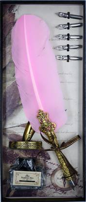 Levin Peacock Dip Feather Pen Set Calligraphy Pen Set Writing Quill Ink Dip Pen with 5PCs Nib, Pink Calligraphy