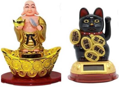 auramini Home Decor - Vaastu Lucky Automatic Hand-moving Laughing Buddha and Luck cat , ideal for show piece or table top Decorative Showpiece  -  43 cm