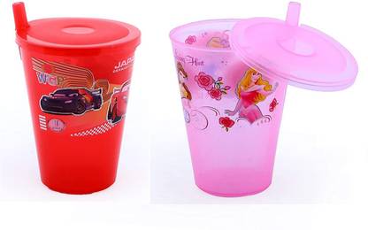 WiiBross Plastic Sipper Glass with Straw and Lid - Pack of 2, Multicolour, 200ml