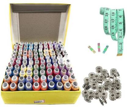imtion Combo ( Thread Reel 100 Pcs Mix + 1 Pcs inchi Tape ) Assorted Colour Polyester Sewing Thread Dhaga /Spool with inchi Tape and Soft Measuring