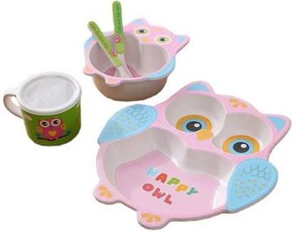 Galactic Pack of 5 Plastic New Eco Friendly Bamboo Fiber Plate,Bowl,Mug,Spoon,Fork Happy Owl Kids Crockery Dinner Set- 5 Pieces multi color Dinner Set