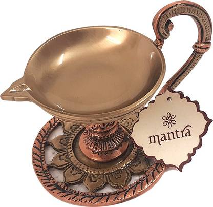 mantra gold coatings Round Lotus Handle Agal Home Diwali Decoration Item with Lamp (Gold Colour) Brass Table Diya