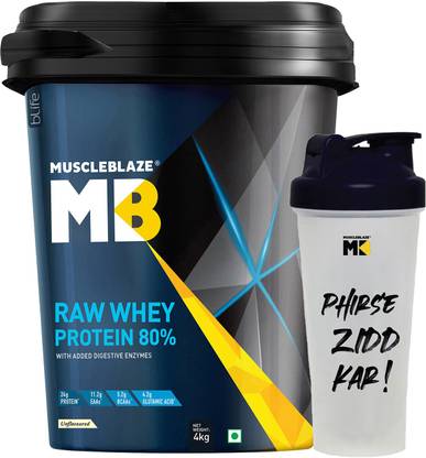 MUSCLEBLAZE Raw Whey Protein Concentrate 80% with Digestive Enzymes, 4 kg with Shaker Combo
