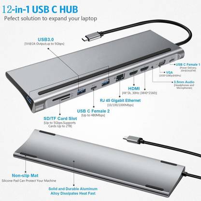 Etzin USB C Type HUB 12 in 1 Adapter, Multi Port Triple Display Dongle Type-C to Dual HDMI,VGA, USB 3.0, PD Charging, 1000Mbps Ethernet , SD/TF Slot Gaming Adapter