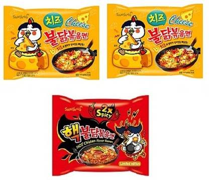 Samyang Buldak Hot Chicken Ramen Cheese Noodles PK2 (140Gm) &Buldak 2XSpicy Noodles PK1 (140Gm) (Imported) (Pack of 3)420Gm (Combo Pack) Non-Vegetarian Instant Noodles Non-vegetarian