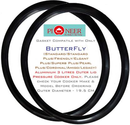 Pioneer Rubber | Nitrile | Seal | Ring | Belt Black Gasket Compatible For ButterFlyAluminium Standard | Standard Plus | Friendly | Elegant Plus | Superb Plus | Pearl Plus | Cordial | Amigo | Legacy | 3 Litres Outer Lid Pressure Cooker (Pack of 2) 195 mm Pressure Cooker Gasket