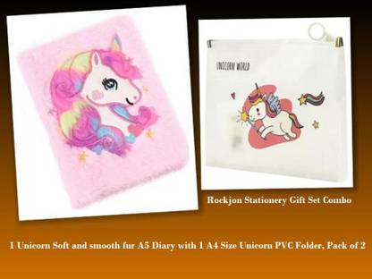 Rockjon Unicorn Soft and smooth fur A5 Diary with A4 Size Unicorn PVC Document Zip File Folder (Random,Pack of 2) A5 Diary Yes 100 Pages