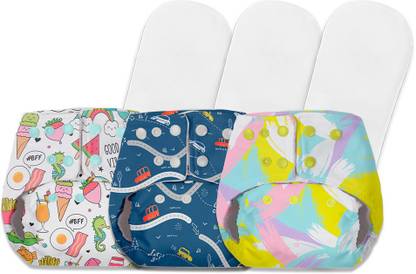Basic 3 Assorted Diapers & 3 Dry feel pads|Reusable, waterproof, lasts 3+ hrs, 0-3 yrs