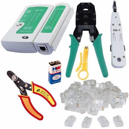 DUMDAAR Rj45 Rj11 Crimping, Multitec cutter, KD-1, Network Lan Cable Tester, 9V battery and 25 Pcs Connectors (Pack of 6) Manual Crimper