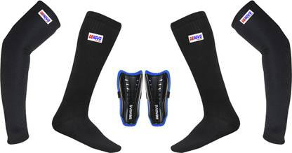 DENOVO Ultimate Protection (One Pair Large Shin Guard + One Pair Lycra Plain Knee Length Football Socks + One Pair UV Protection Arm Sleeves) Football Kit