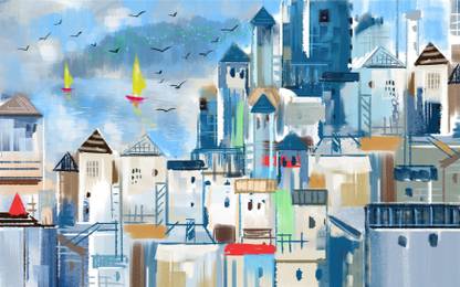 imbue Houses Scene self adhesive vinyl painting without frame Digital Reprint 36 inch x 24 inch Painting