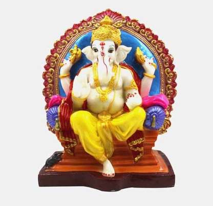 SULFAX IDOL Poly Resin Hand Made Scupluture of Singhasan Ganesh In Seating Position With Dynamic Multi Colour Ideal for Home puja and Gifting Purpose Decorative Showpiece  -  27 cm