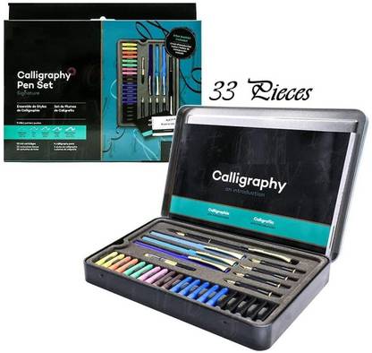 Definite Art Calligraphy Pen with 5 Classic Nibs, 4 Calligraphy Pens, 20 Ink Cartridges, Pump Ink Bottle & Introduction Exercise Book (Metal Box Calligraphy Set for Beginners & Kids with Work Book) Calligraphy