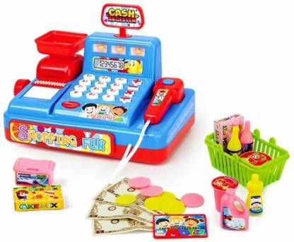 QBIC Cash Register for Kids Pretend Play Supermarket Shop Toys with Music and Lights, Scanner,Sounds,Calculator,Scale,Card Reader,Credit Card,Play Money and Grocery Toys for Boys Girls / Supermarket Toy Set for Kids
