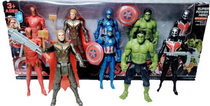 Cabin Hut Super Heros 5 in 1 set of famous heroes IRoene , thaore , caption with shield, huluke, Annta man | A special unique character box with full action with arms | Lets play with figure | All Joints Movable (All Characters)