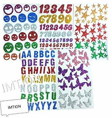 imtion " ( 5 different design a4 size glitter foam alphabet stickers ,butterfly,smile,stars,counting + cartoon striker ) use of decoration school project- Multi color "