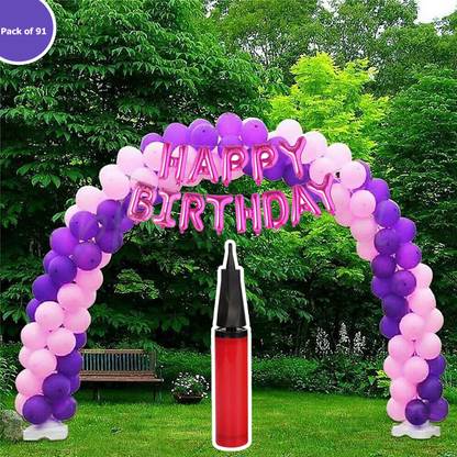 PartyMania Solid Purple Pink Theme Balloon Decoration Gate With Birthday Pin Foil For Birthday Theme Set of 91 With Airpump Balloon