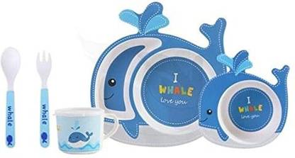 PEZYOX Plastic 5 PCS Eco-Friendly Bamboo Fiber Baby Feeding Set Tableware Baby Lunch Sets Fun Plate Sets for Kids Feeding Set for New Born and Toddlers Dinner Set