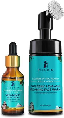 Pilgrim Korean Beauty Skin Secret Combo | Volcanic Lava Ash Foaming Face Wash with Brush 120ml, Vitamin C Night Serum 30ml | For Skin Cleansing & Brightening | For Men & Women | Korean Skin Care Products