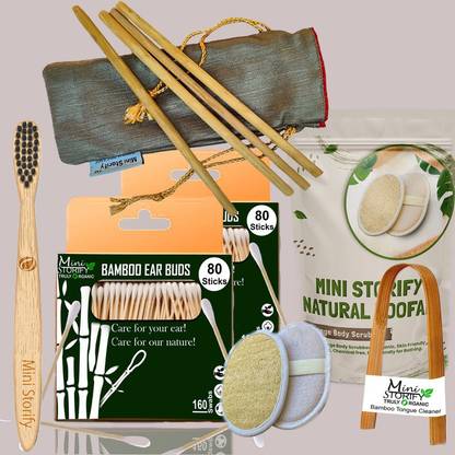 Mini Storify 2Bamboo Cotton ear buds/swabs|80 Stems|1 Kids bamboo tooth brush - ,| 1bamboo tongue cleaner|2 Oval Loofah/Loufah Pads, Sponge Body scrubber|4 Bamboo Straw (8 inch)