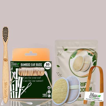 Mini Storify 1Bamboo Cotton ear buds/swabs|80 Stems|1 Kids bamboo tooth brush - |1bamboo tongue cleaner|2 Oval Loofah/Loufah Pads, Sponge Body scrubber