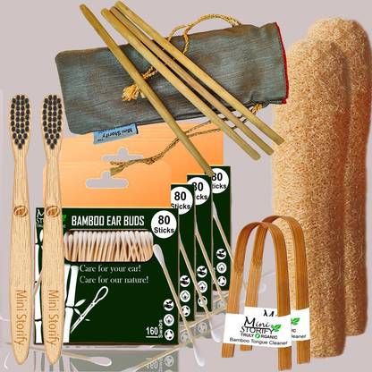 Mini Storify 4Bamboo Cotton ear buds/swabs|80 Stems|2 Kids bamboo tooth brush - |2bamboo tongue cleaner|2Loufah/loofah Pads, Sponge Body scrubber| 4 Bamboo Straw (8 inch)