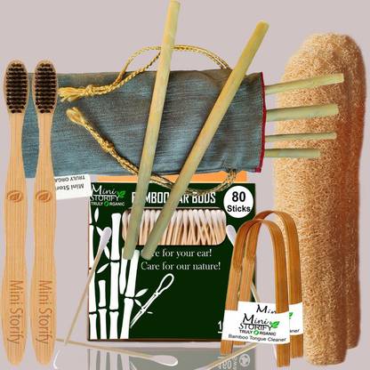Mini Storify 1Bamboo Cotton ear buds/swabs|80 Stems|2 Adult bamboo tooth brush - ,| 2bamboo tongue cleaner|2Loufah/loofah Pads, Sponge Body scrubber|6 Bamboo Straw (8 inch)
