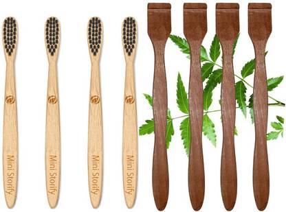 Mini Storify 4kids bamboo tooth brush - Charcoal Soft Bristles, Natural,| 4Pure Neem Wood Tongue Cleaner/Tongue Scraper For Adults And Kids