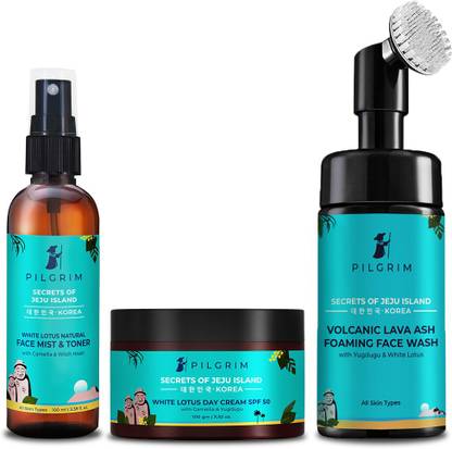 Pilgrim CTM Kit For Face | Foaming Face Wash with Brush 120ml, Hydrating Face Mist & Toner 100ml, Day Cream SPF 50 50gm | For All Skin Type | For Men & Women | Korean Skin Care Products